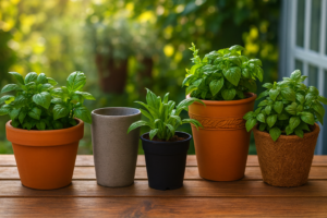 Vasos de diversos materiais alinhados lado a lado, mostrando variações de cores, texturas e estilos.