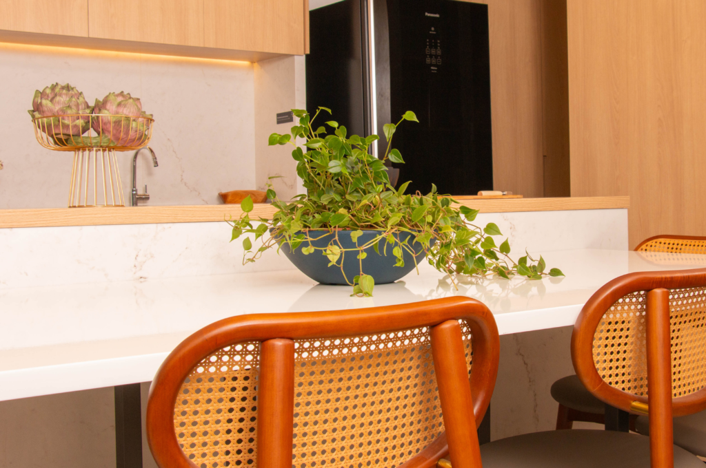 Jibóia pendente em vaso Vasap Bacia P decorando ambiente interno iluminado.