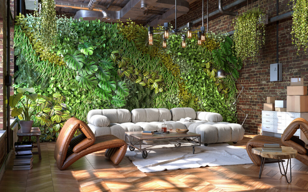 Sala de estar com parede verde de plantas naturais, decoração sustentável e integração da natureza em ambiente interno residencial